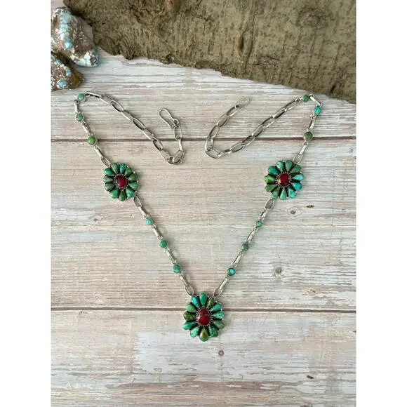 Handmade Sterling Silver Dahlia Rose with Emerald Valley Turquoise Necklace Si